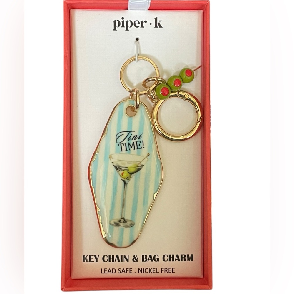 PIPER K Gold-Tone Martini (Tini) Time Keychain / Bag Charm with Olives